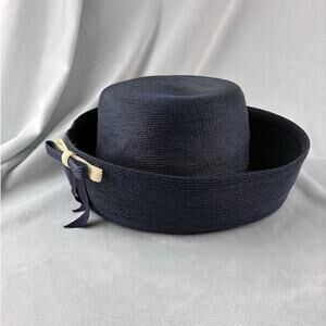 Vintage Evelyn Varon Navy Blue Woven Boater Hat Hand Made USA Union Label Womens